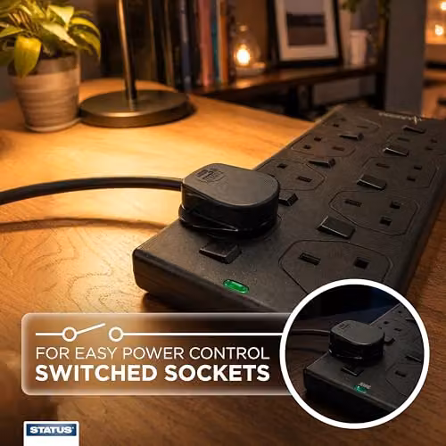 Status 8 Way Surge Protected Extension Lead with Individual Switches and Neon Indicators, Black, 2m – 7