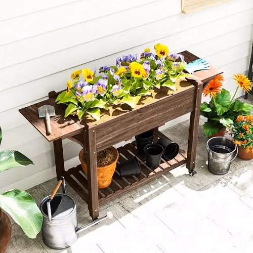Outsunny Carbonised Wooden Raised Garden Bed with Lockable Wheels in Brown – 7