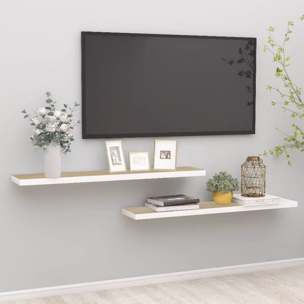Berkfield Home Floating Wall Shelves, 2 Piece Set in Oak and White MDF, W: 120 cm, D: 23.5 cm, H: 3.8 cm – 2
