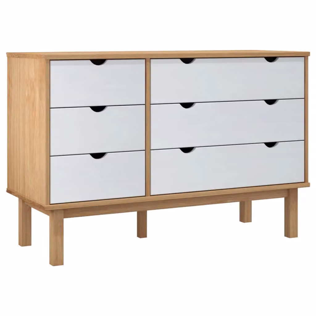 Berkfield Home OTTA Drawer Cabinet in Brown and White Solid Pine Wood, W: 111 cm, D: 43 cm, H: 73.5 cm – 2