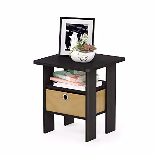 Furinno Andrey Side Table with Open Shelves and Storage Bin in Espresso Brown