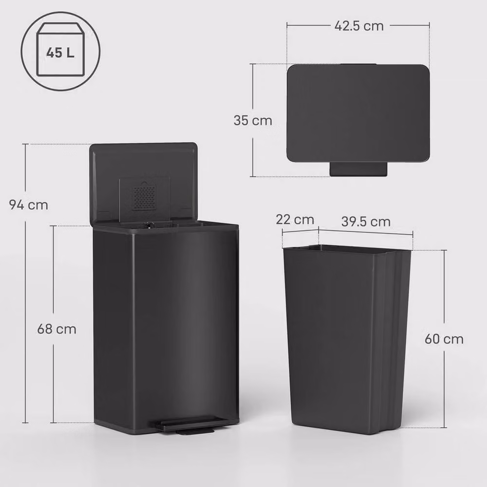 VOGREX 45L Black Stainless Steel Kitchen Bin with Soft Close Pedal and Removable Inner Bucket – 2