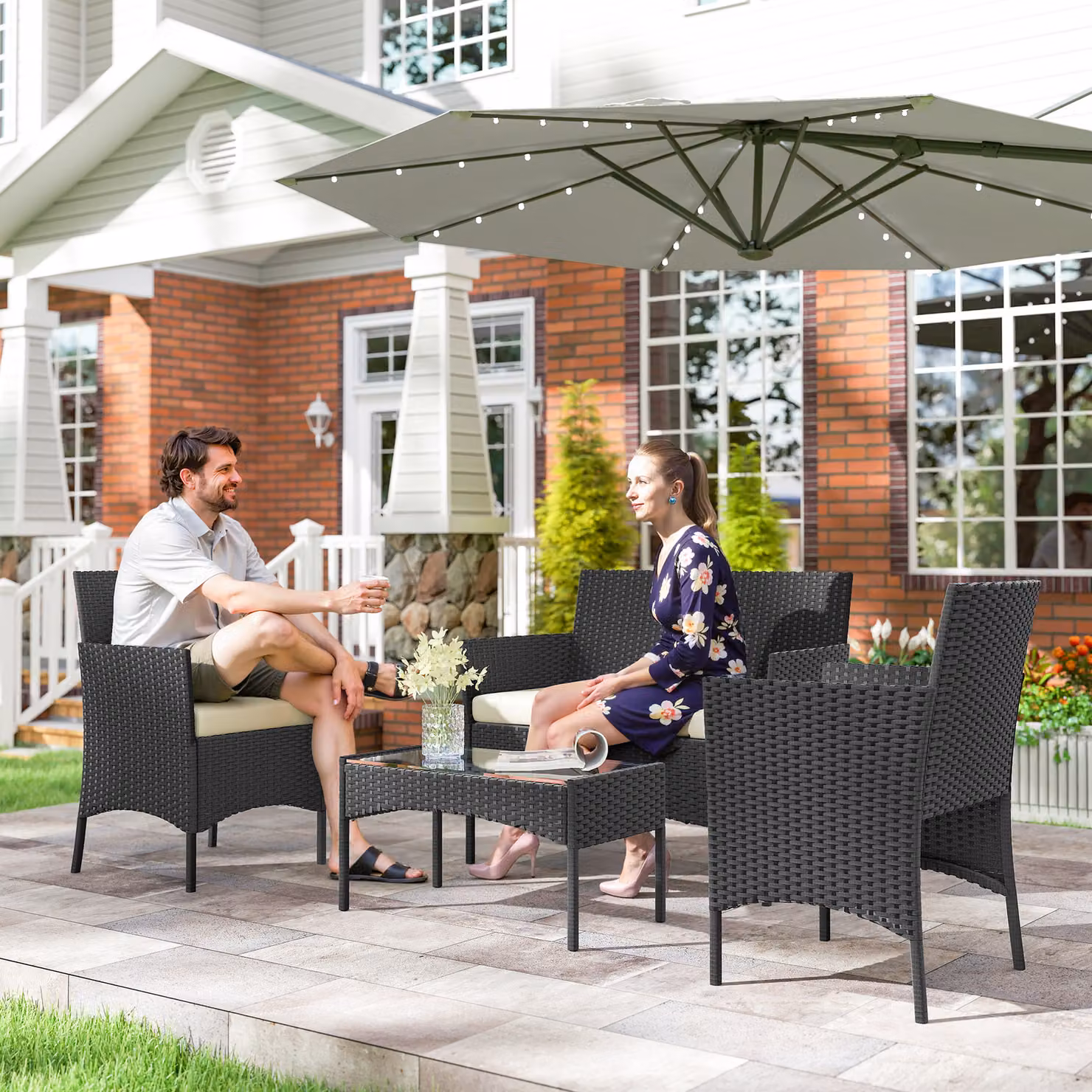 Outsunny 4 Piece Rattan Garden Furniture Set in White with 2 Seater Sofa, Armchairs, Glass Top Coffee Table and Cushions – 2