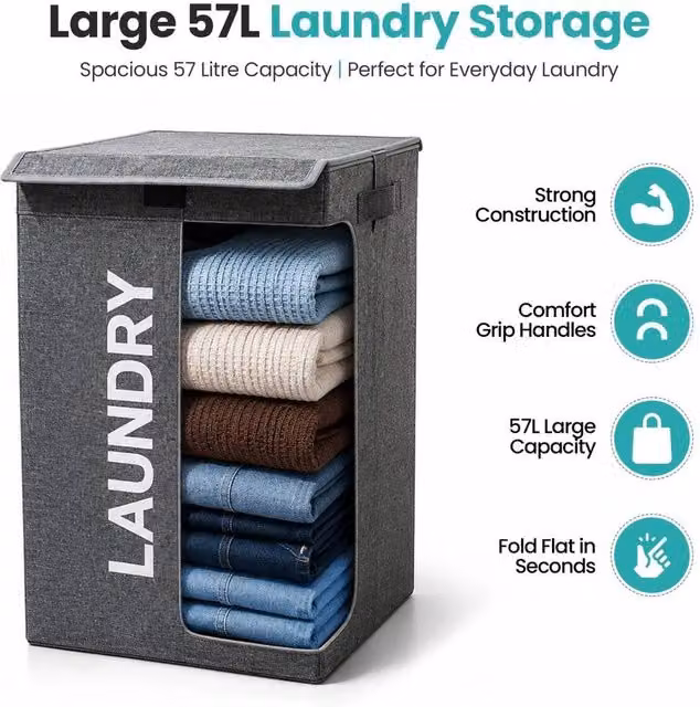 FORGEVIO Grey Collapsible Fabric Laundry Basket with Lid, W/D/H: 57 x 33 x 53 cm