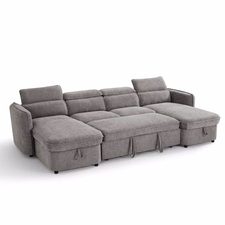 Furnishings For Less UK Ria 4 to 5 Seater Grey Fabric U-Shaped Sofa Bed with Tilting Headrest and Storage