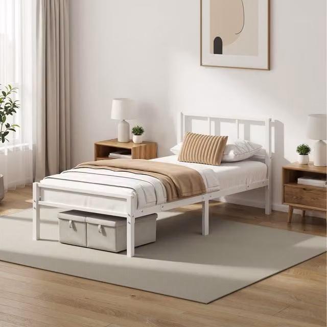 VASAGLE Minimalist Metal Bed Frame with Headboard and Slats, Matte White, W/D/H: 90 x 190 x 87 cm