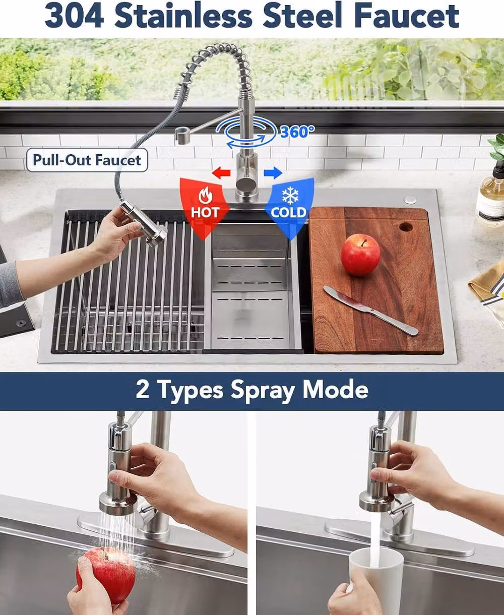 London Boutique Stainless Steel Inset Kitchen Sink in Silver with Drain Basket and Cutting Board – 3