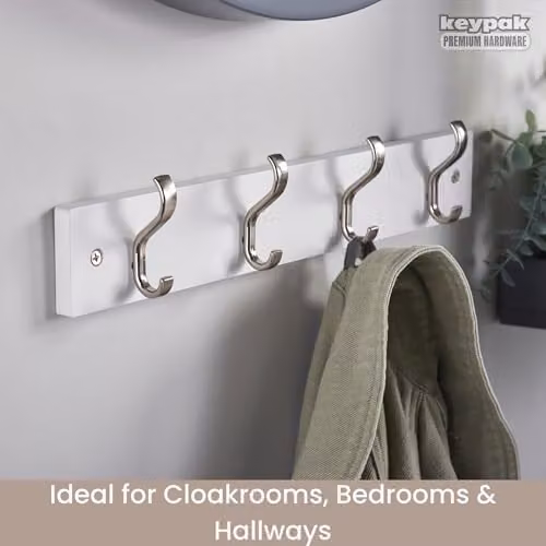 keypak Wall-Mounted Coat Rack with 4 Metal Hooks on a White Wood Base, W: 38 cm – 2