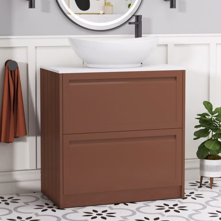 Royal Bathrooms Elmore 800mm Terracotta Clay Floor Standing 2 Drawer Vanity Unit with Plain White Worktop and Amaze Basin