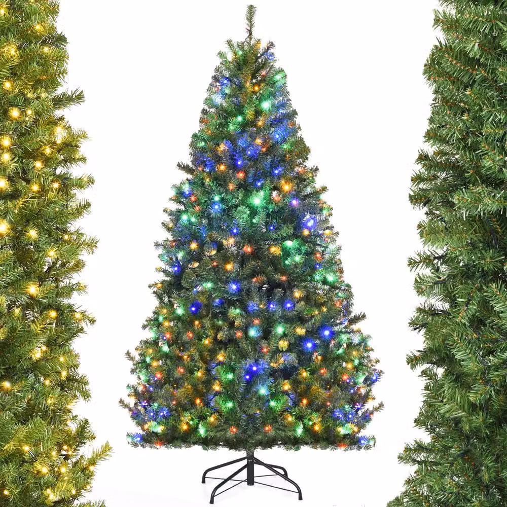 Gymax 180 cm Pre-Lit Artificial Christmas Tree with 350 Multicolour LED Lights in Green – 9
