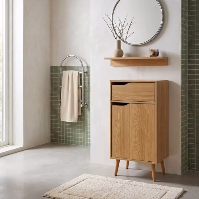 sweeek Vintage Bathroom Furniture in Light Brown with Hinged Doors and Internal Shelves, W/D/H: 36 x 16.7 x 90 cm