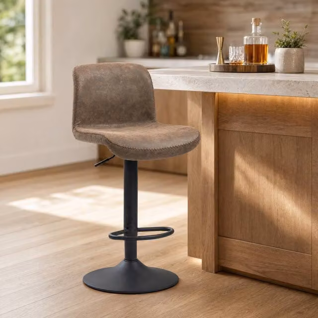 STILVORA Set of 2 Adjustable Bar Stools with Backrest and Footrest in Brown Synthetic Leather – 1