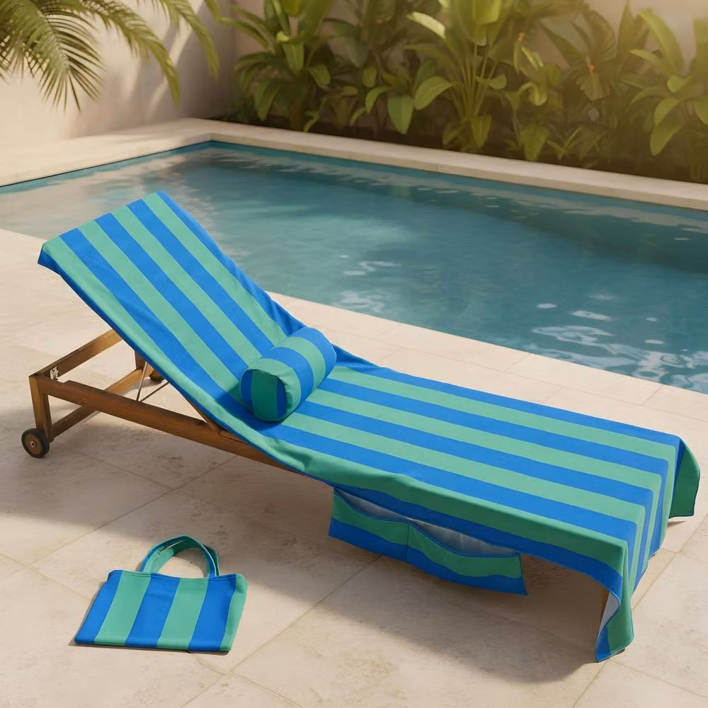 OHS Green and Multicolour Striped Microfibre Quick-Drying Beach Towel and Inflatable Bolster Pillow Set with Bag – 2