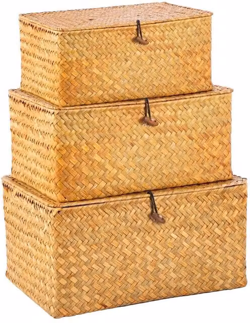 Kelvenix Set of 3 Brown Woven Seagrass Storage Baskets with Lids