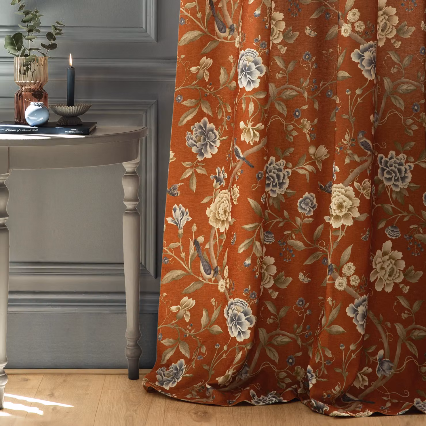 Sanderson Porcelain Garden Floral Printed Chenille Pencil Pleat Opaque Curtains in Orange W/D/H: 229 x 229 cm – 3