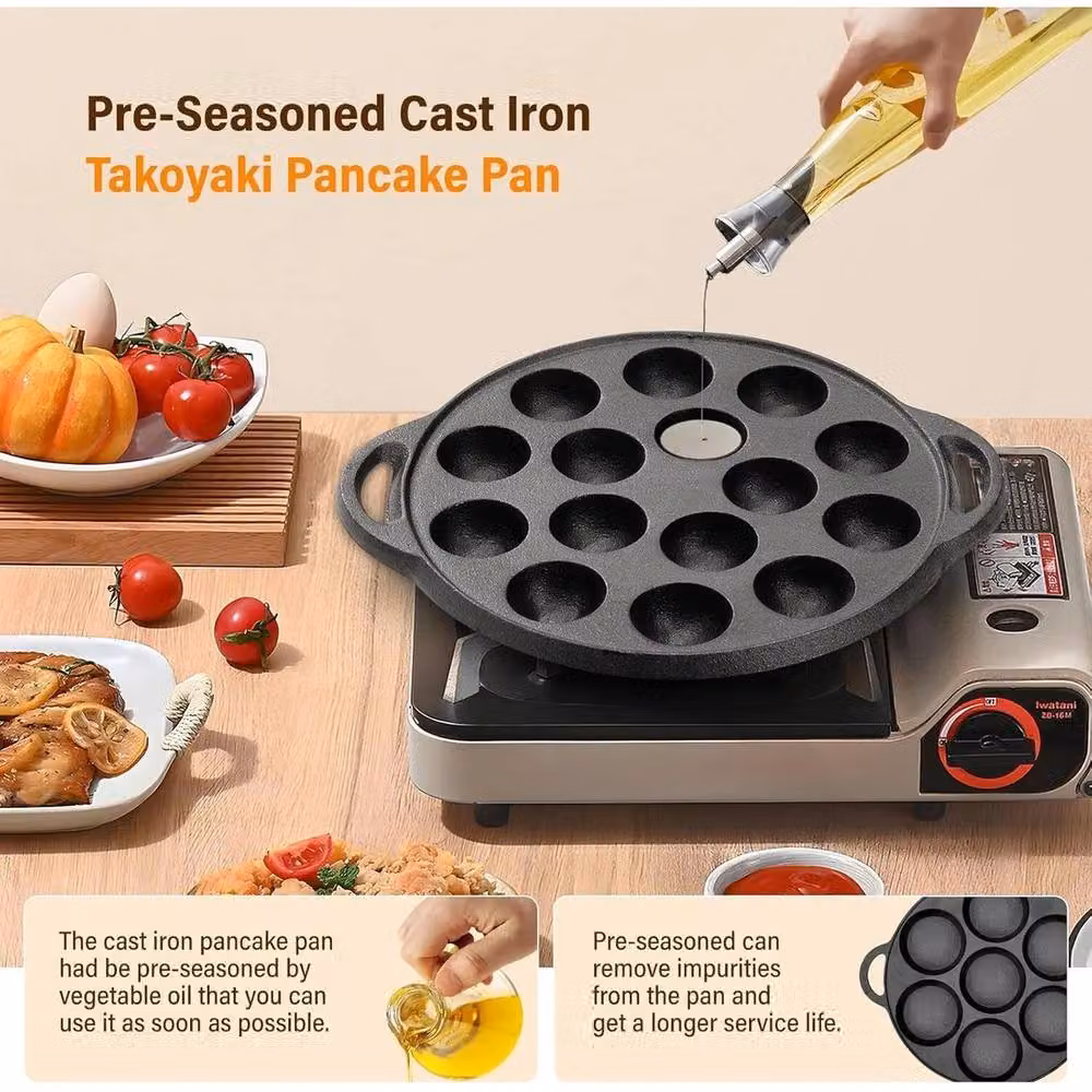 FORGEVIO C-15 Cast Iron Takoyaki Pan with 15 Holes, Black, Diameter: 23 cm – 5
