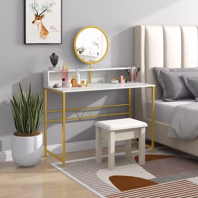 HOMCOM Modern White and Gold Dressing Table with Round Mirror and Marble Top