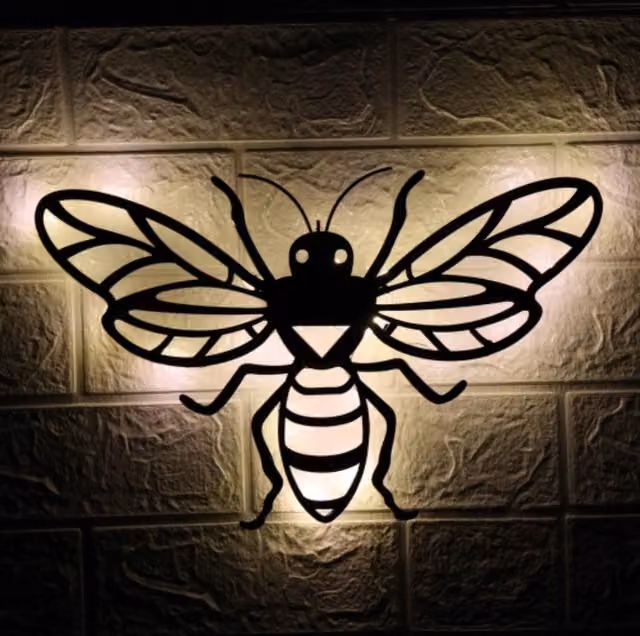 Betley Butterfly and Bee Solar Backlit Wall Art in Black, W/D/H: 34.5 x 34.5 x 5.0 cm