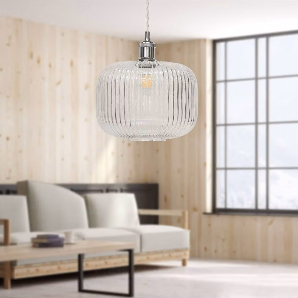 First Choice Lighting Batley Large Retro Pendant Lights, Set of 2, Clear Ribbed Glass and Chrome, Height Adjustable – 2