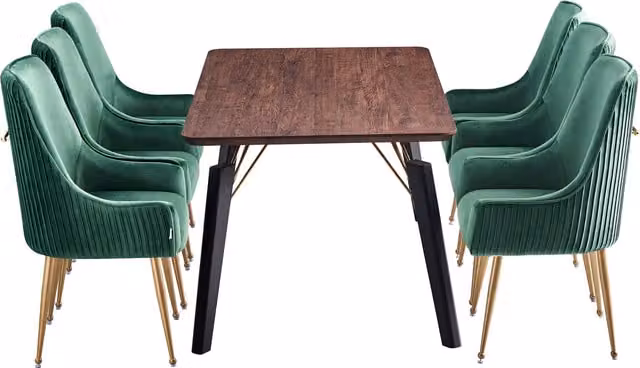 Life Interiors Soho Cosmo LUX Modern Dining Set with Square Table and 6 Chairs in Green, Black and Gold