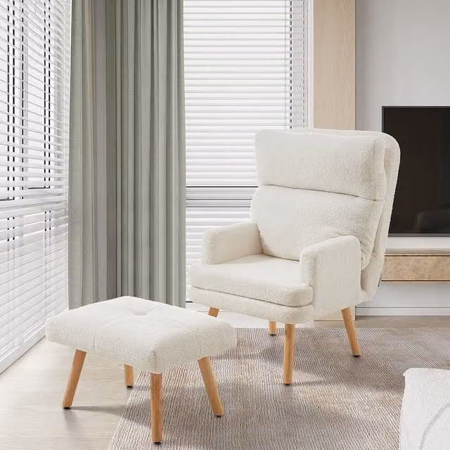 Livingandhome Sherpa Lounge Chair with Ottoman in Beige and White Fabric