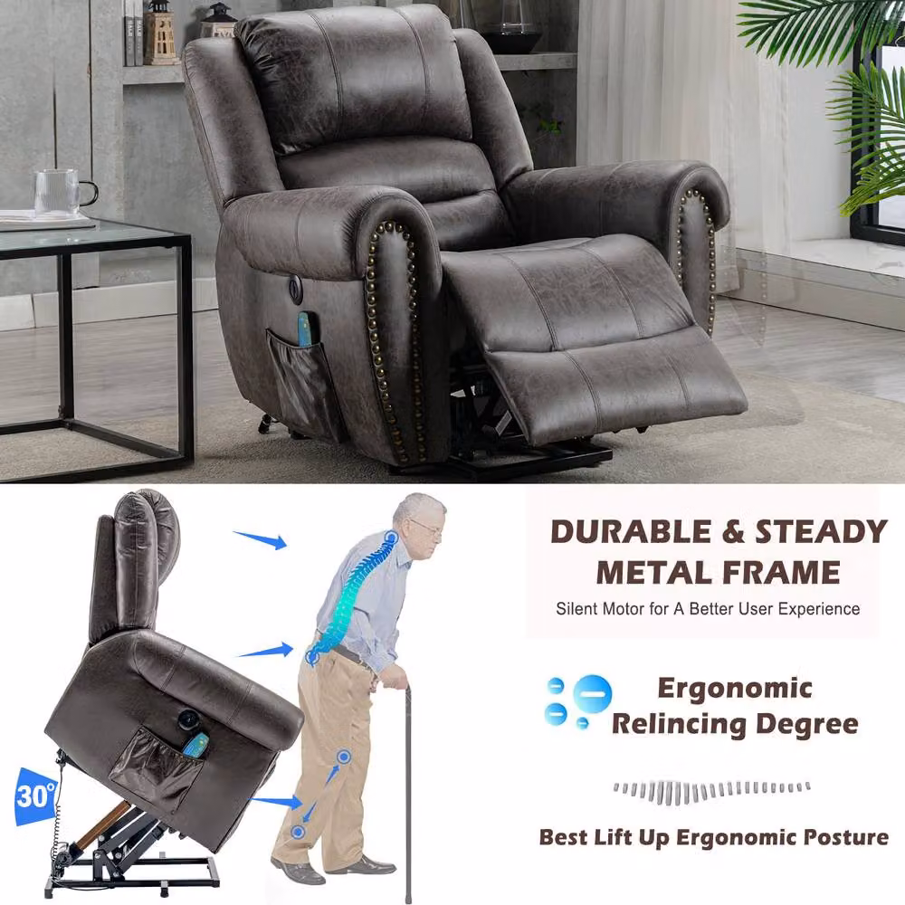 Rolipo Heavy Duty Power Lift Recliner Chair with Massage and Heat in Grey Faux Leather – 8