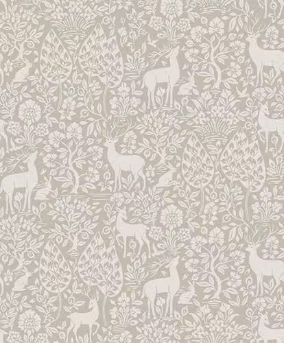 Holden Decor Deer Woods Taupe Wallpaper with Beige Nature and Wildlife Scene, Washable Paper Roll