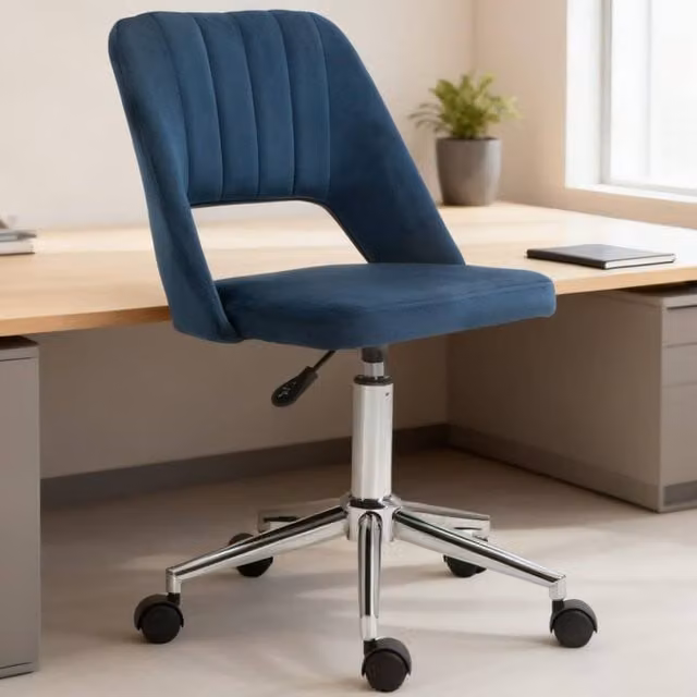ERGOVEXA Armless Velvet Task Chair in Blue with Swivel and Castors, H 91 cm x W 60 cm x D 49 cm – 1