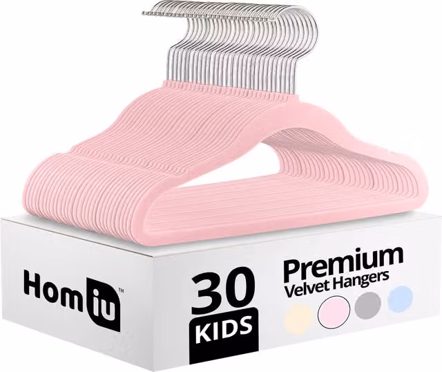 Homiu 30 Pack Non-Slip Velvet Kids Hangers with Swivel Hook, Pink