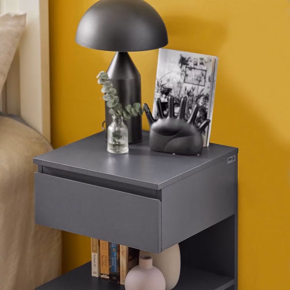 SoBuy Set of 2 Modern Nightstands with 1 Drawer and 2 Shelves, Dark Grey, H: 65 cm – 3