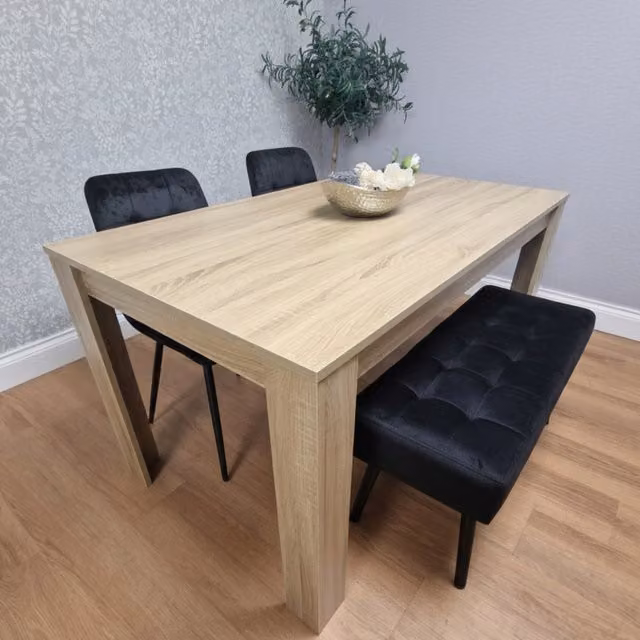 Kosy Koala Modern Dining Room Set with Rectangular Brown Oak Effect Table, 2 Black Velvet Chairs and 1 Beige Velvet Bench