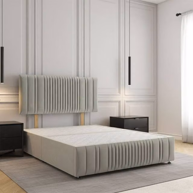 REGIONAL FURNISHINGS Plush Velvet Divan Bed with 24 inch Headboard and Footboard in Silver, King Size (W/D: 180 x 200 cm)