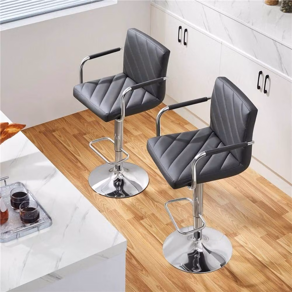 VOGREX Modern Adjustable Swivel Bar Stool with Thick Synthetic Leather Cushion in Dark Grey – 3