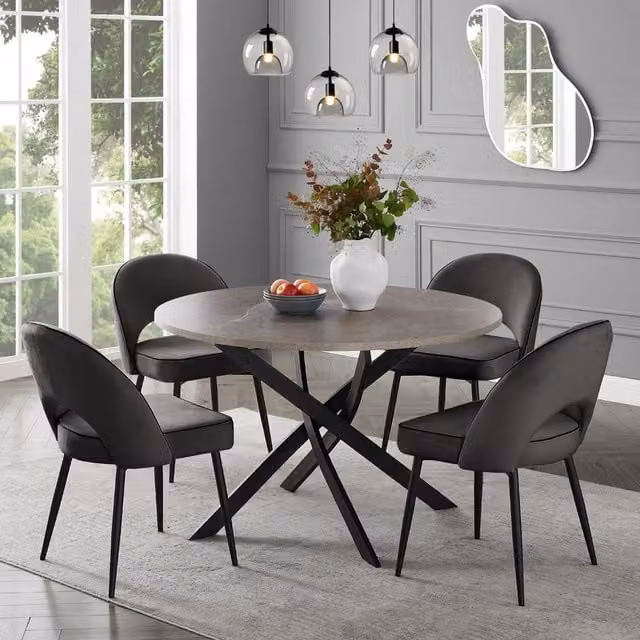 GRS Dijon Round Concrete Effect Dining Table and 4 Grey Velvet Chairs, Diameter: 100 cm, Height: 75 cm