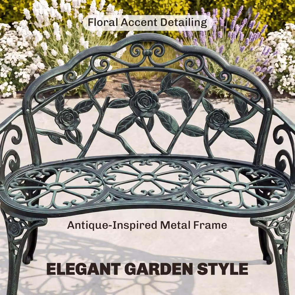 Outsunny Antique Rose Style Powder Coated Aluminium Garden Bench in Green – 8