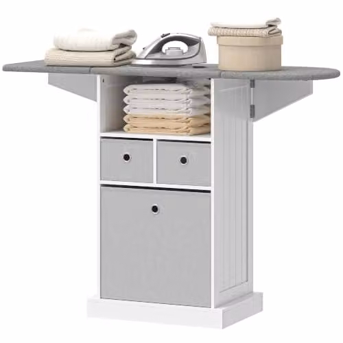 HOMCOM Ironing Board Cabinet on Wheels with Folding Ironing Top, White, W/D/H: 89.5 x 37.0 x 121.0 cm – 1
