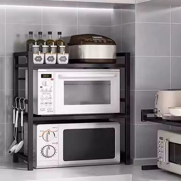 SPETLEK 3-Tier Expandable Microwave Oven Rack Stand in Black with Adjustable Shelves