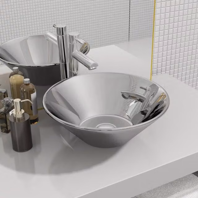 Berkfield Home Ceramic Round Countertop Wash Basin, Silver, W: 42 cm, D: 14 cm