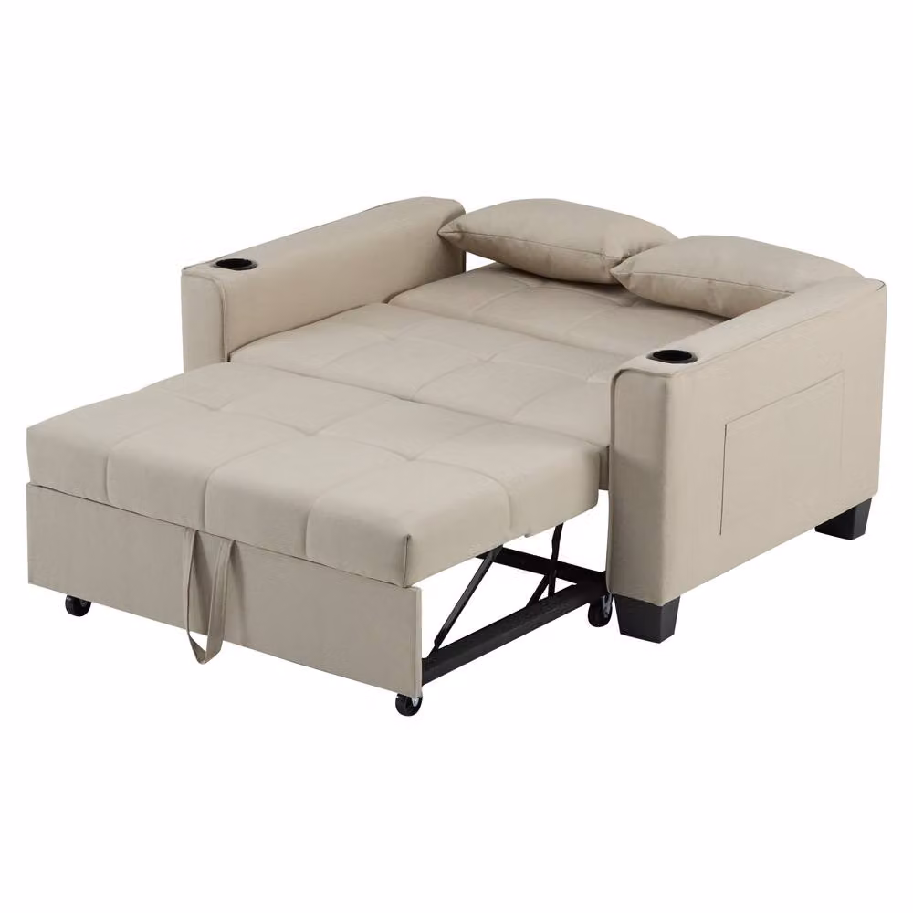 Matteo 2 Seater Convertible Fabric Sofa Bed with Cup Holders and Scatter Cushions, Beige – 3