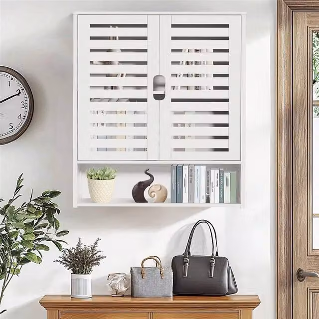 ERGOVEXA White Lacquered Bamboo Wooden Wall Mounted Medicine Cabinet with Internal Shelves and Hinged Doors