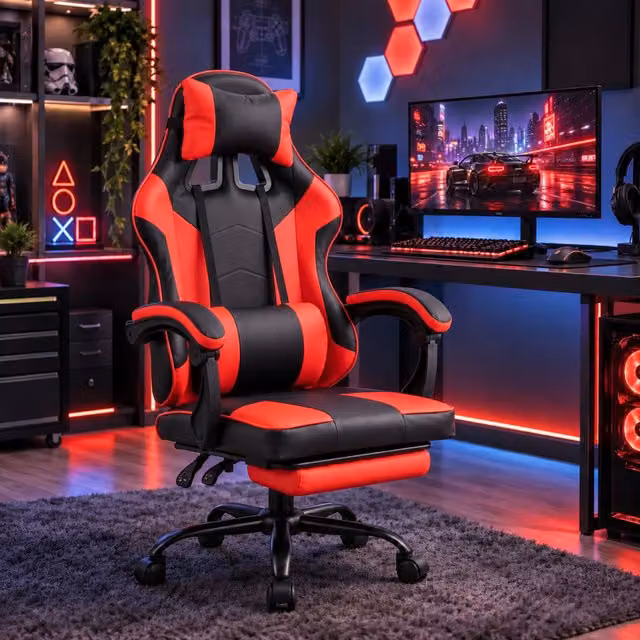 Samuel Alexander Red Faux Leather Gaming Chair with Headrest and Armrests