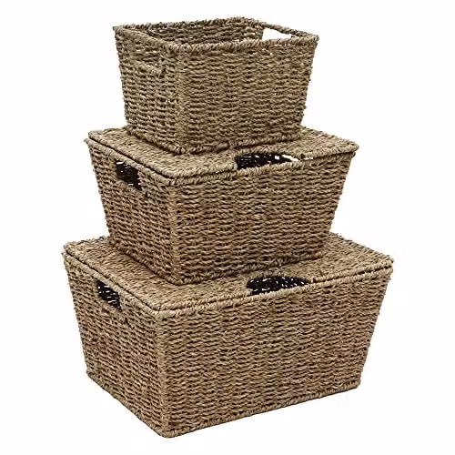 JVL Set of 3 Rectangular Lidded Seagrass Storage Baskets with Open Weave in Beige and Brown – 2