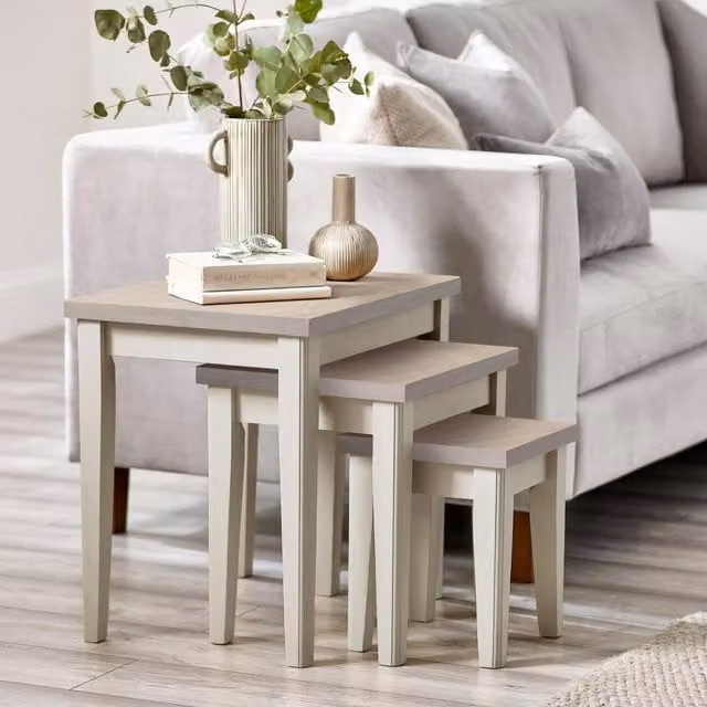 FurnitureboxUK Eden Farmhouse Nest of 3 Tables in Cream Oak and White, Width: 51 cm