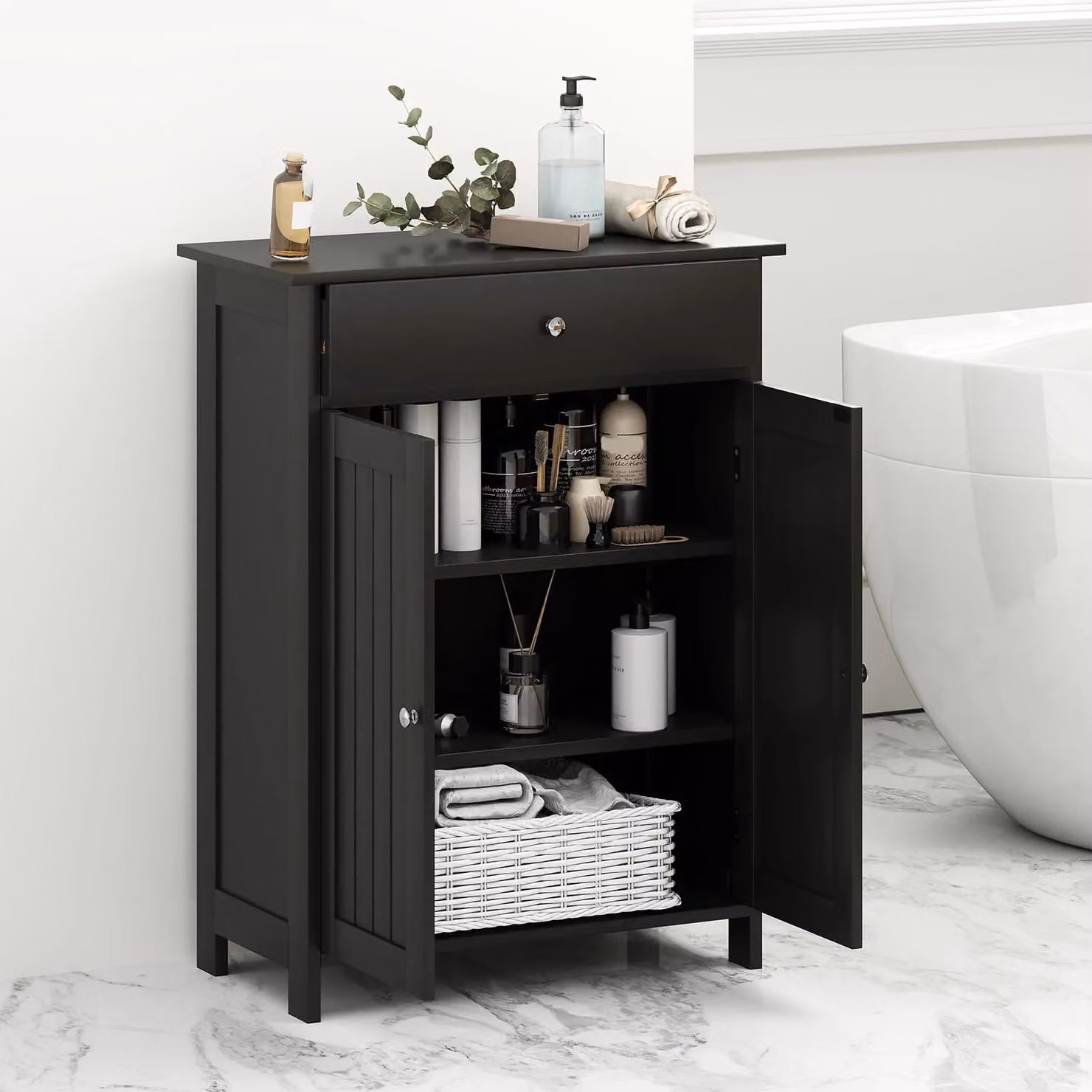 Gymax Black Freestanding Bathroom Floor Cabinet with 2 Hinged Doors and Internal Shelves – 6