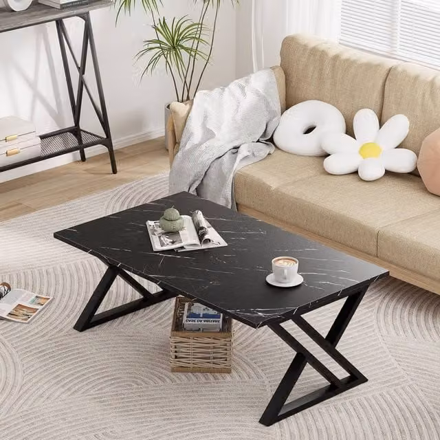 Huhote Modern Rectangular Coffee Table with Black Metal X-Frame and Composite Top