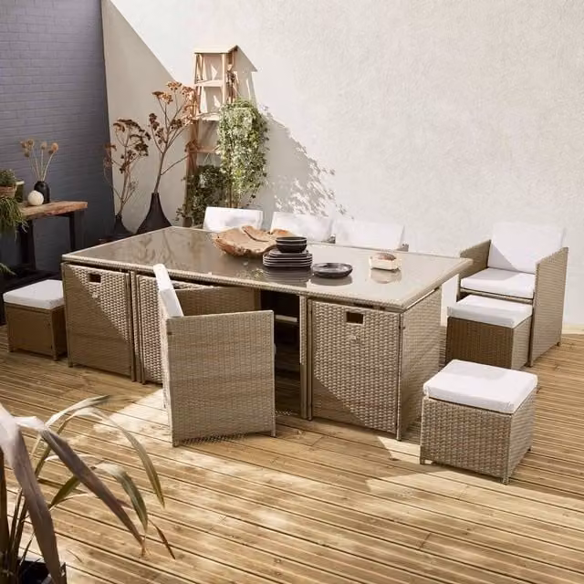 sweeek 8 to 12-seater Rattan Cube Table Set with Chairs in Beige and Black