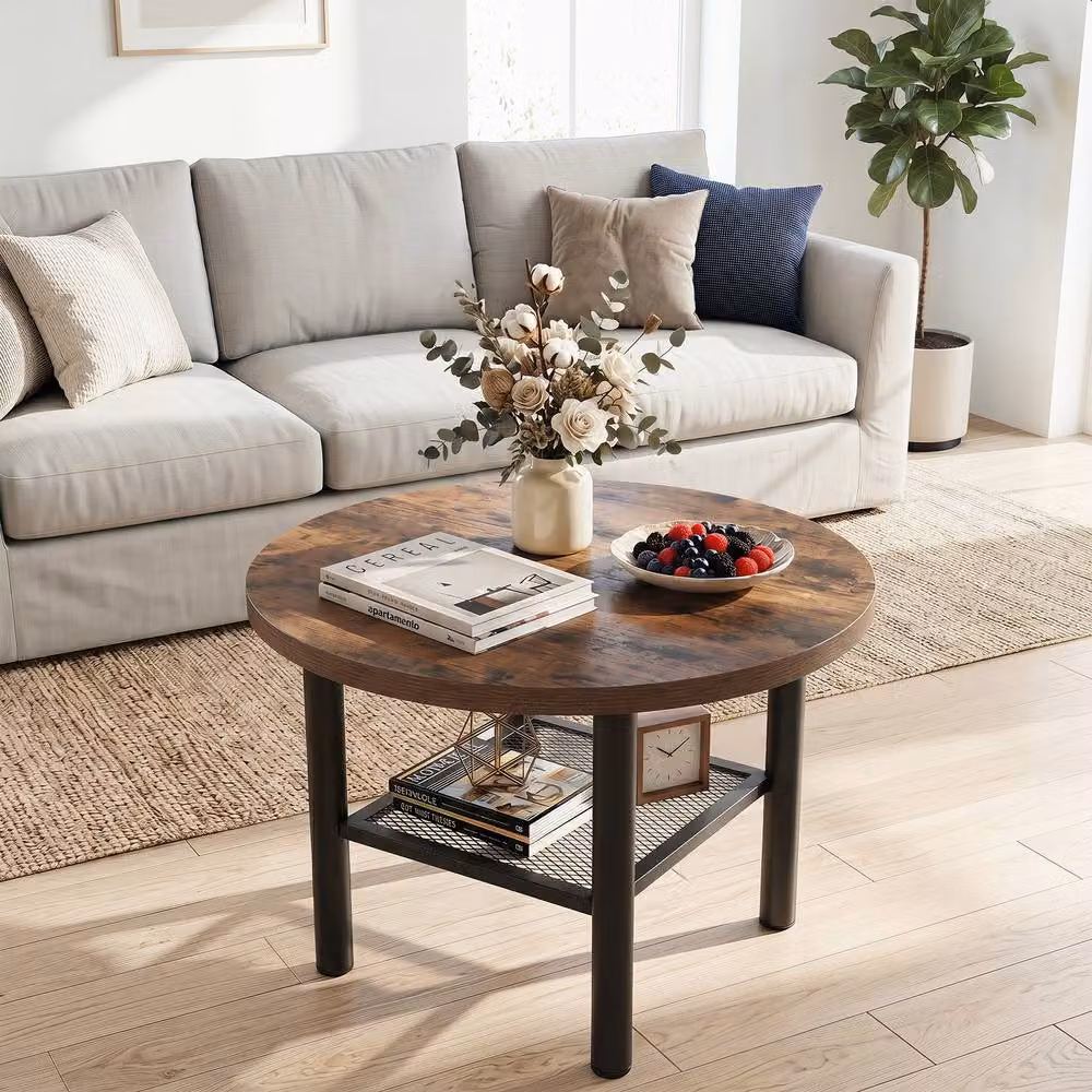 Costway Modern 2-Tier Round Coffee Table in Brown – 3
