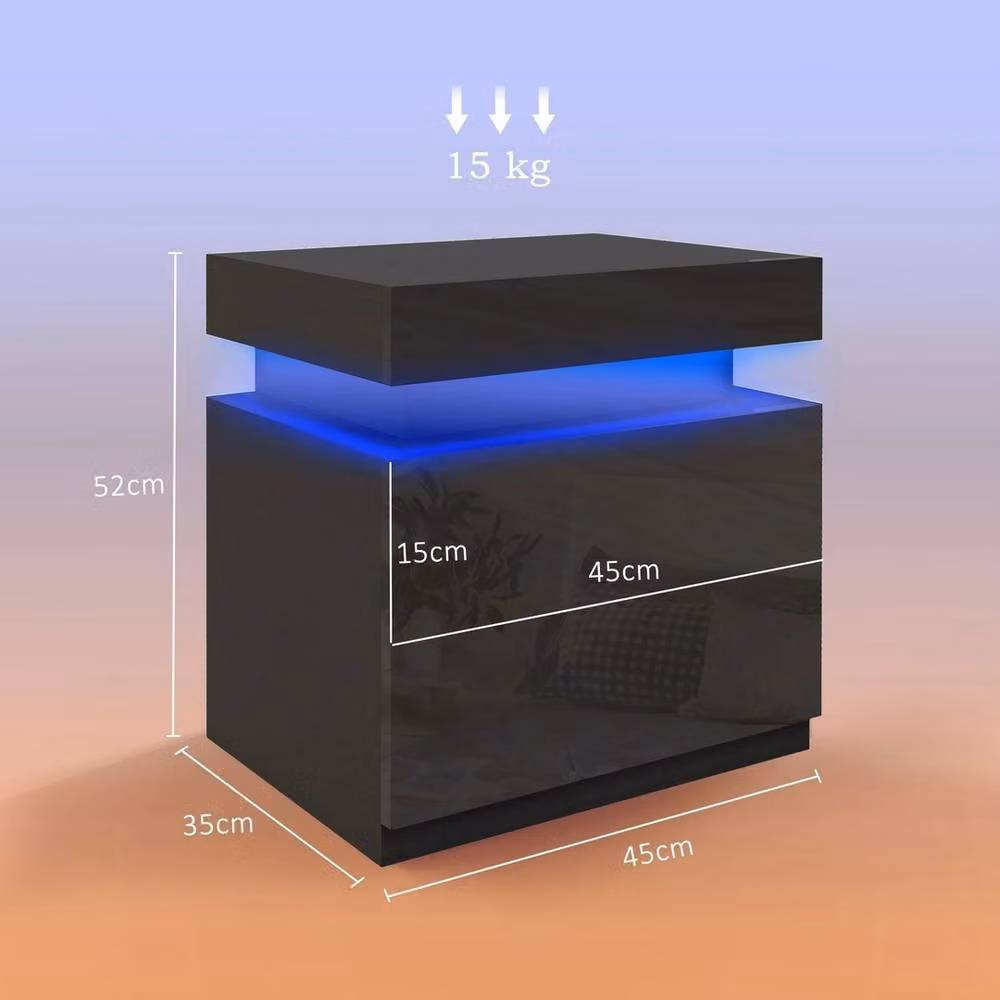 NESTLUNE High Gloss Bedside Table with Integrated LED Light and 2 Drawers in Black – 2