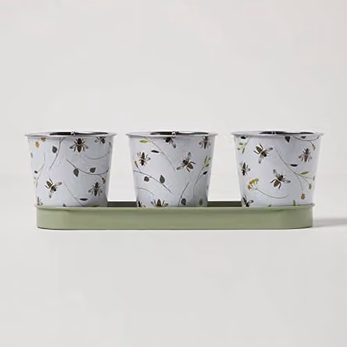 Homescapes Set of 3 Metal Indoor Plant Pots with Tray in Green and White Bee Floral Design