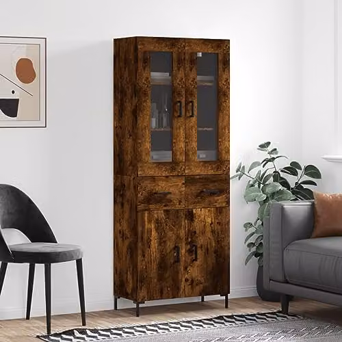 vidaXL Highboard in Smoked Oak, Brown Industrial Style with Hinged Doors and Internal Shelves, W/D/H: 69.5 x 34.0 x 180.0 cm – 2